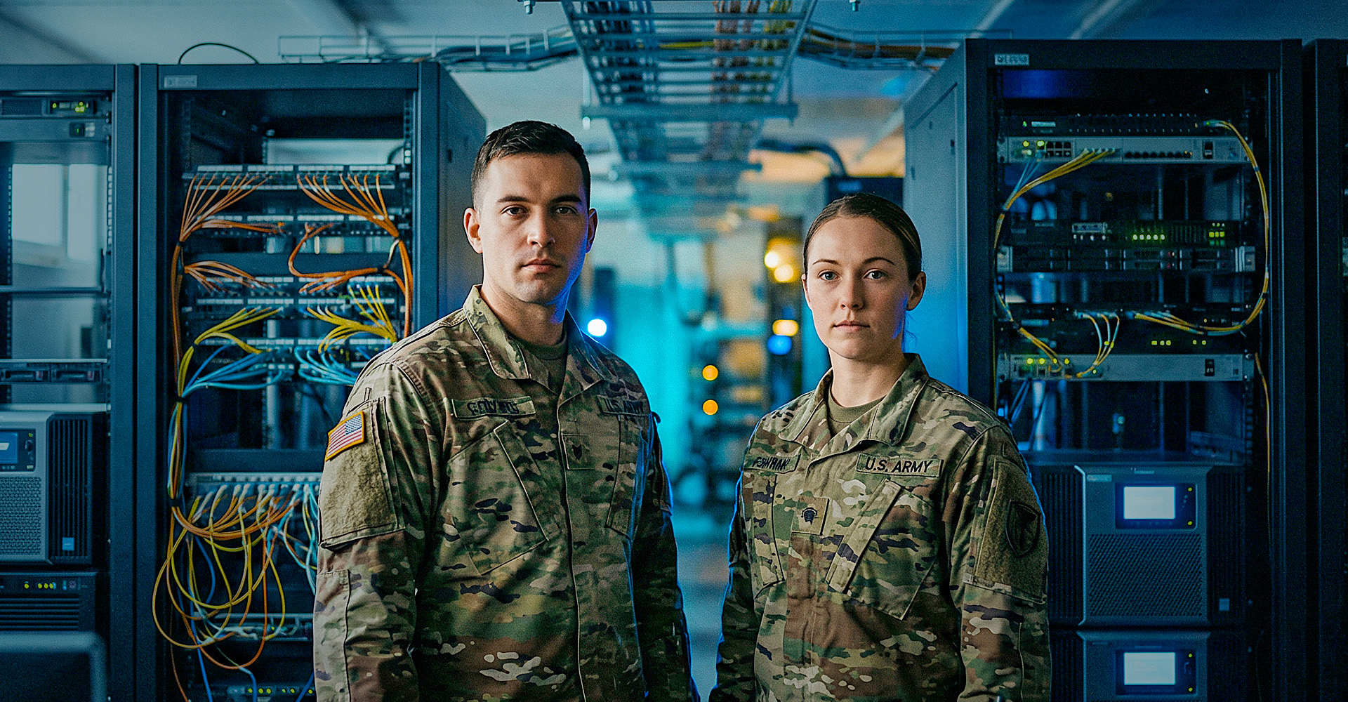 Two soldiers stand in a communications room surrounded by server and radio racks.