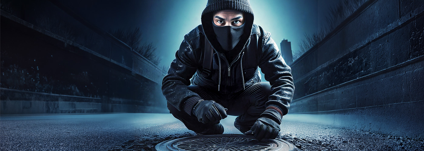 Man wearing a mask crouches over manhole.